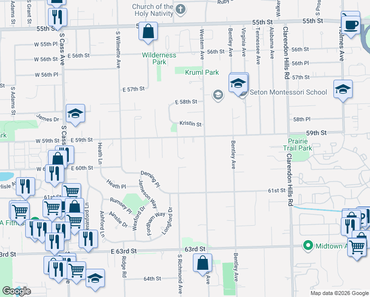 map of restaurants, bars, coffee shops, grocery stores, and more near 401 East 59th Street in Westmont