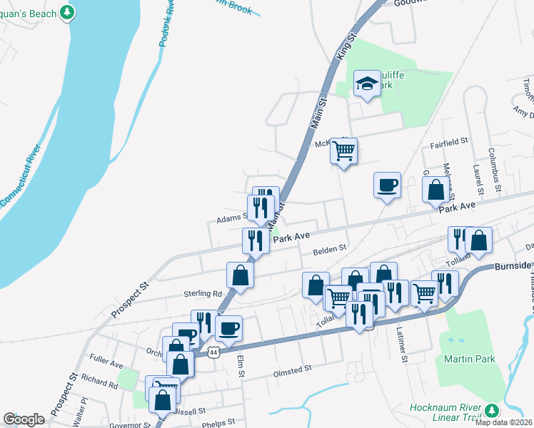 map of restaurants, bars, coffee shops, grocery stores, and more near 1589 Main Street in East Hartford
