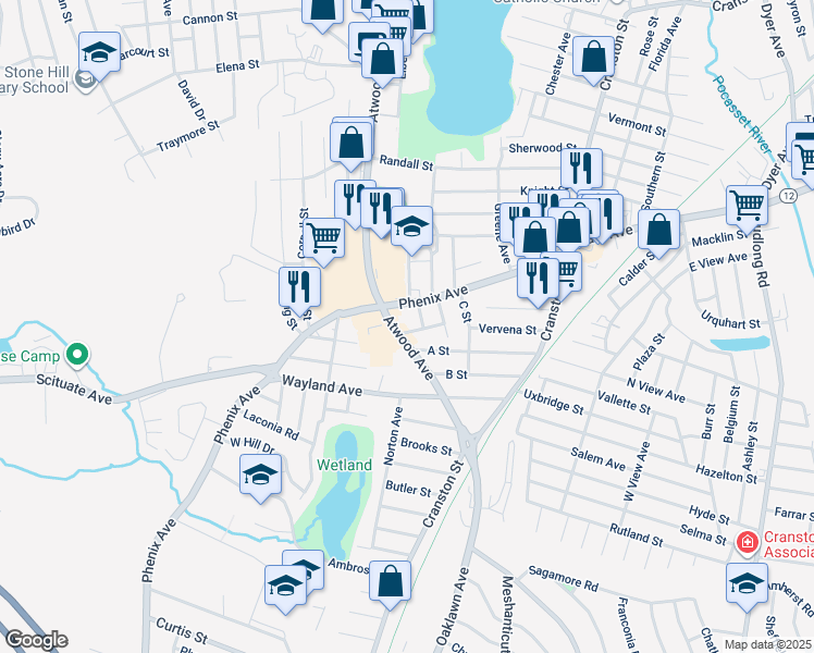 map of restaurants, bars, coffee shops, grocery stores, and more near 175 Atwood Avenue in Cranston