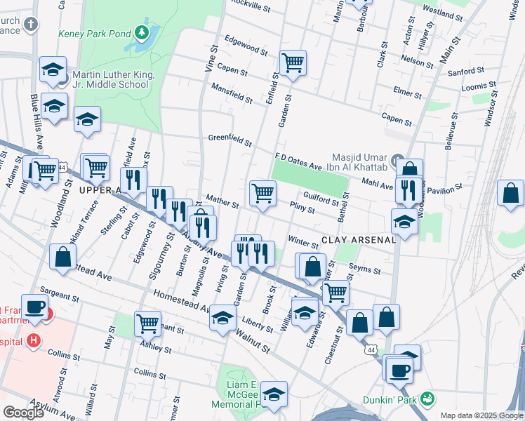 map of restaurants, bars, coffee shops, grocery stores, and more near 410 Garden Street in Hartford