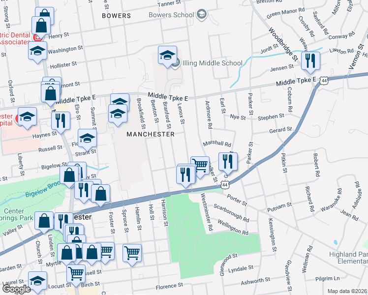 map of restaurants, bars, coffee shops, grocery stores, and more near 97 Lenox Street in Manchester