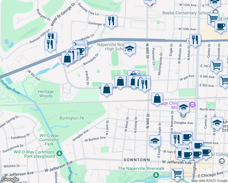 map of restaurants, bars, coffee shops, grocery stores, and more near 700-794 W 5th Ave in Naperville