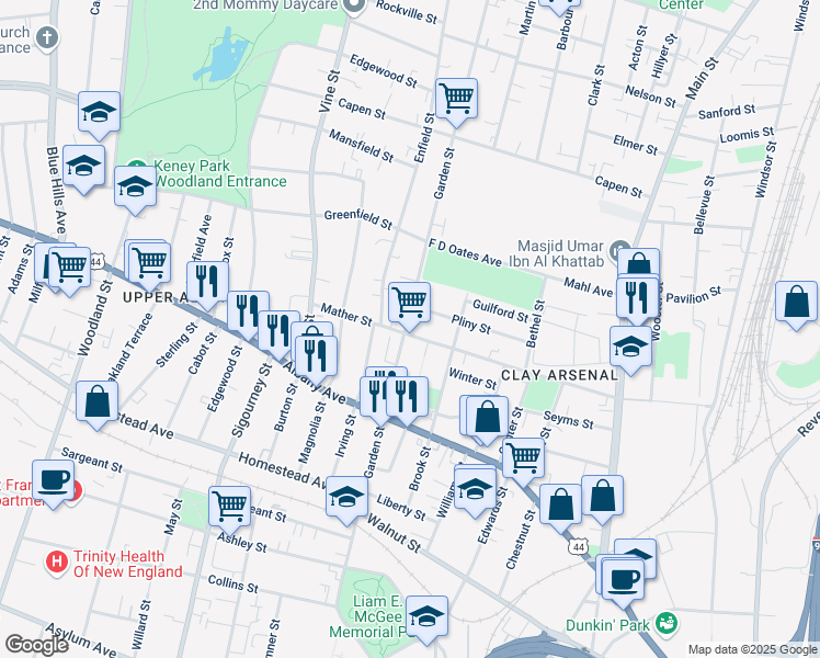 map of restaurants, bars, coffee shops, grocery stores, and more near 102 Pliny Street in Hartford