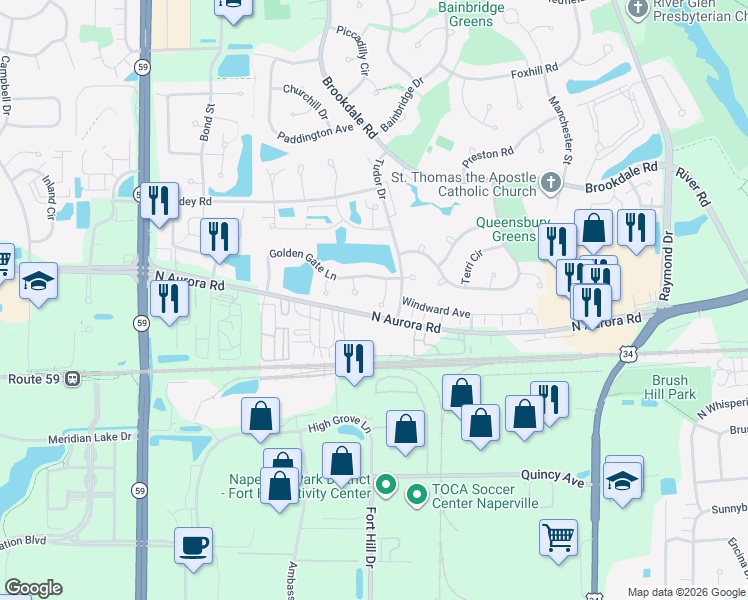 map of restaurants, bars, coffee shops, grocery stores, and more near 611 Lakeridge Court in Naperville