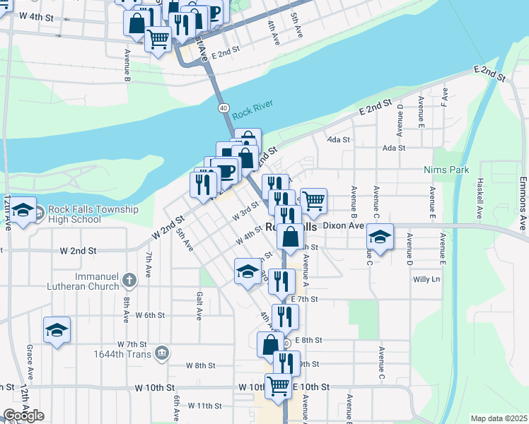 map of restaurants, bars, coffee shops, grocery stores, and more near 228 1st Avenue in Rock Falls