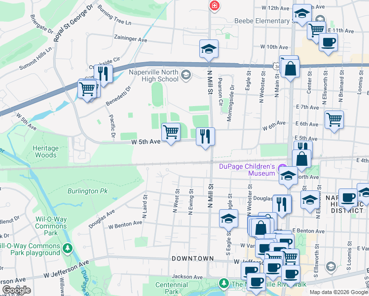 map of restaurants, bars, coffee shops, grocery stores, and more near 576 West 5th Avenue in Naperville