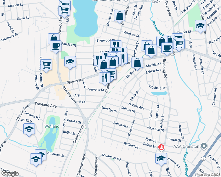 map of restaurants, bars, coffee shops, grocery stores, and more near 1792 Cranston Street in Cranston