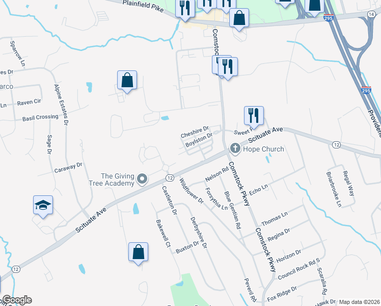 map of restaurants, bars, coffee shops, grocery stores, and more near 39 Ashburton Drive in Cranston
