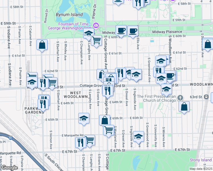 map of restaurants, bars, coffee shops, grocery stores, and more near 800 East 63rd Street in Chicago