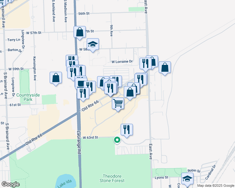 map of restaurants, bars, coffee shops, grocery stores, and more near in Countryside