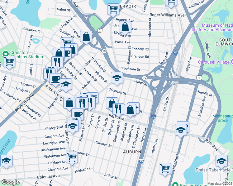 map of restaurants, bars, coffee shops, grocery stores, and more near in Cranston