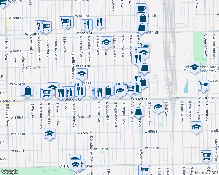 map of restaurants, bars, coffee shops, grocery stores, and more near 6159 South Rockwell Street in Chicago