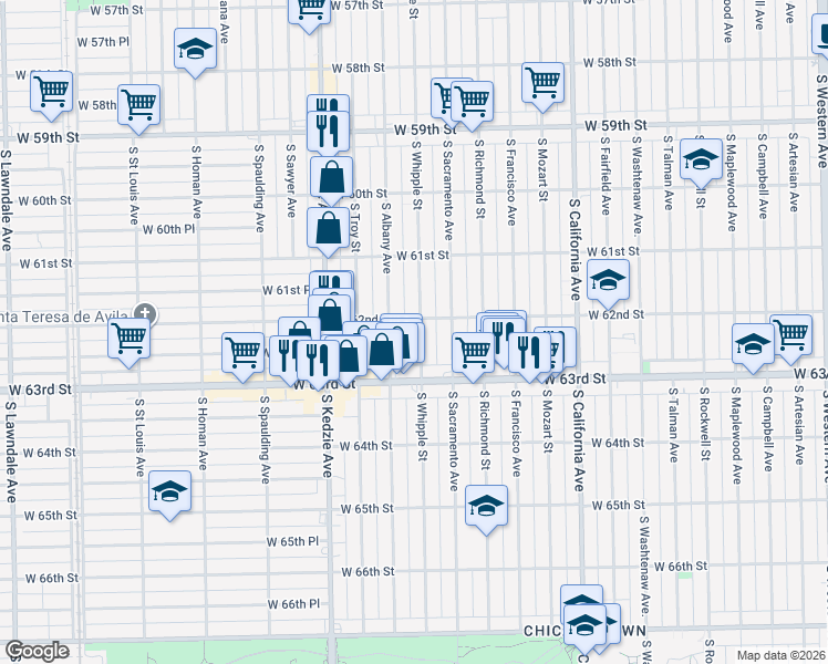 map of restaurants, bars, coffee shops, grocery stores, and more near 6159 South Albany Avenue in Chicago