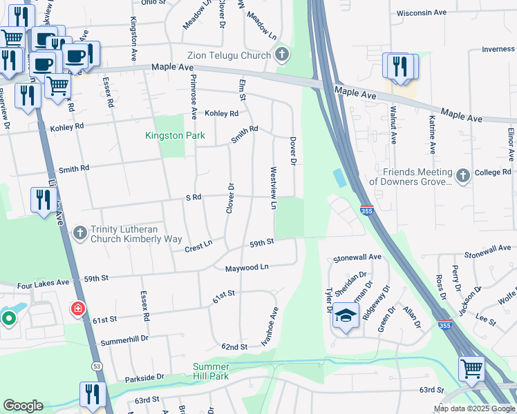 map of restaurants, bars, coffee shops, grocery stores, and more near in DuPage County