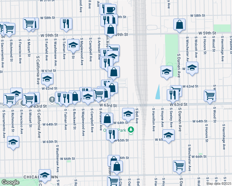 map of restaurants, bars, coffee shops, grocery stores, and more near 6200 South Claremont Avenue in Chicago