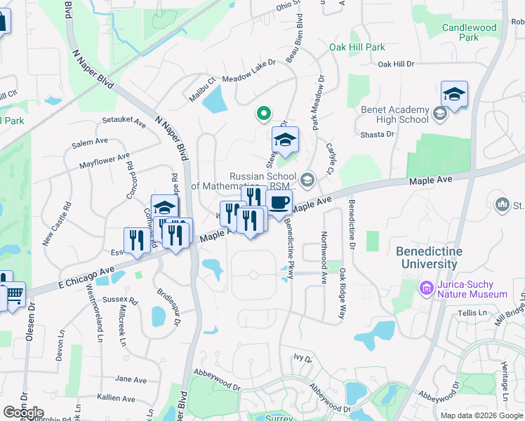 map of restaurants, bars, coffee shops, grocery stores, and more near 65640 Avon Court in Naperville