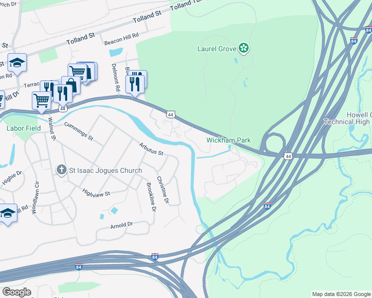 map of restaurants, bars, coffee shops, grocery stores, and more near 166 R Arbutus Street in East Hartford