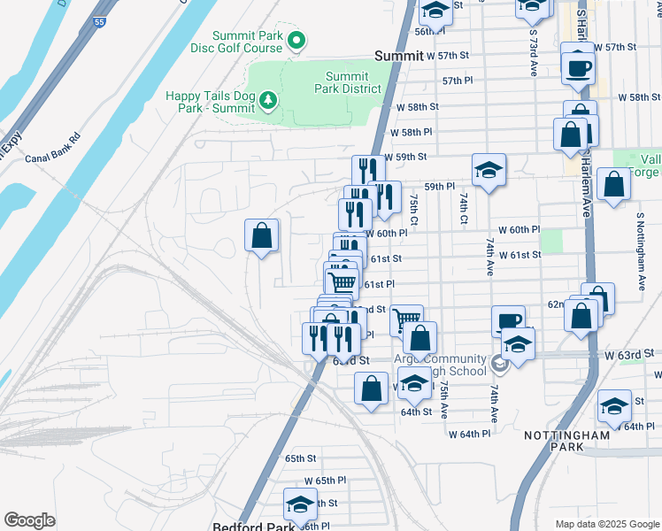 map of restaurants, bars, coffee shops, grocery stores, and more near 6034 South Archer Road in Summit