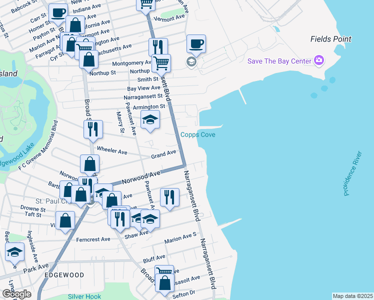 map of restaurants, bars, coffee shops, grocery stores, and more near 1180 Narragansett Boulevard in Cranston