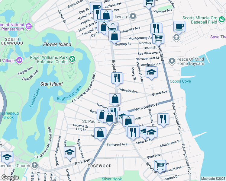 map of restaurants, bars, coffee shops, grocery stores, and more near in Cranston