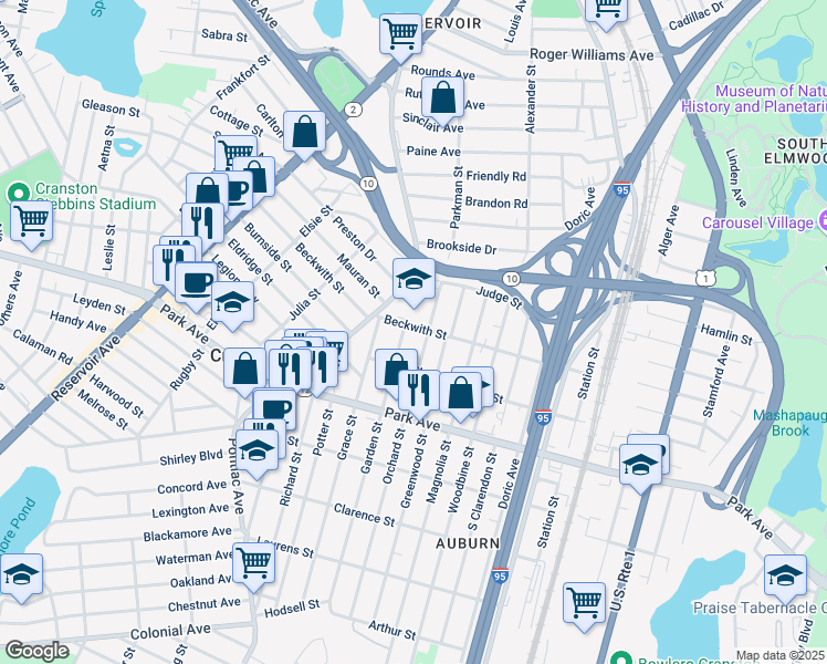map of restaurants, bars, coffee shops, grocery stores, and more near in Cranston