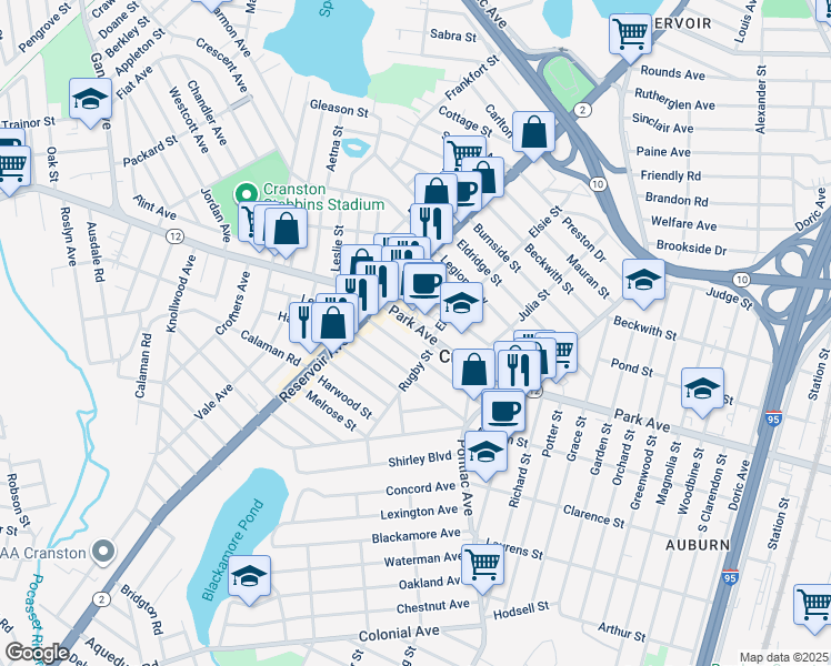 map of restaurants, bars, coffee shops, grocery stores, and more near 88 High School Avenue in Cranston