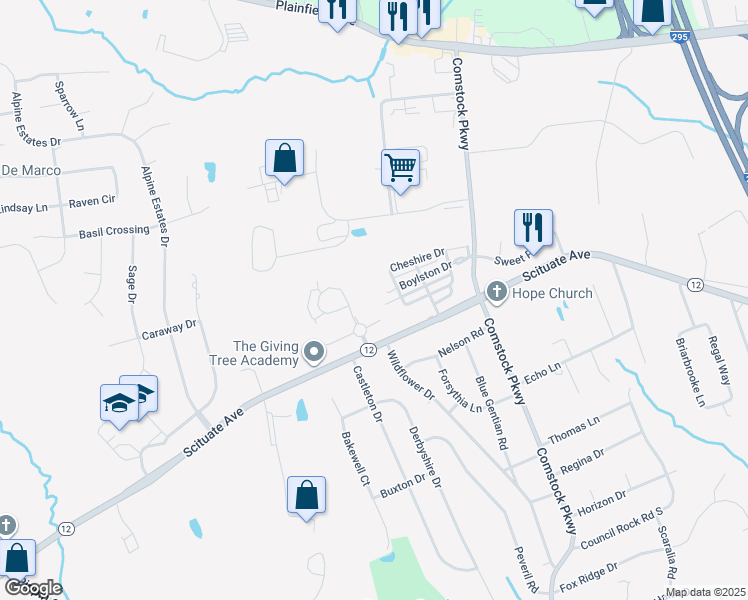 map of restaurants, bars, coffee shops, grocery stores, and more near 2 Gray Coach Lane in Cranston