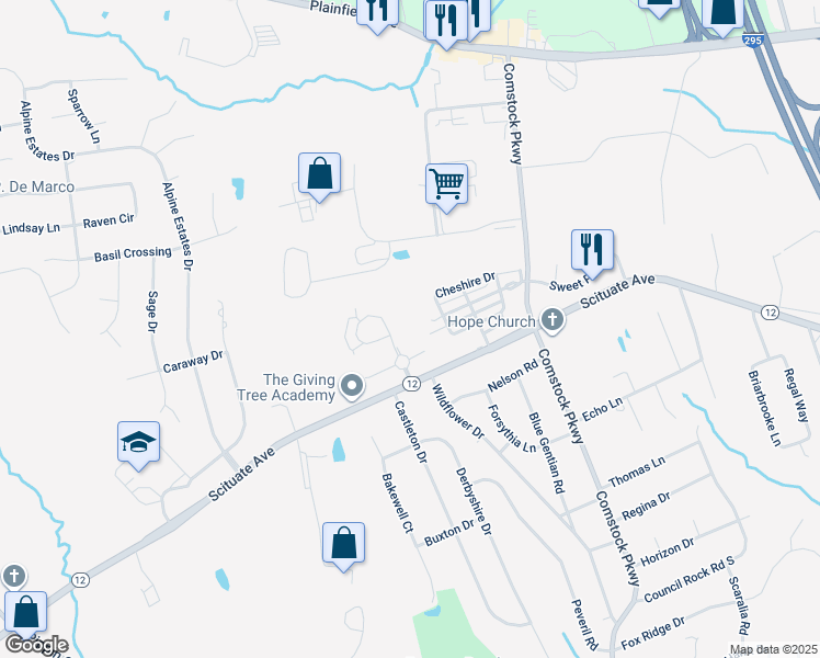 map of restaurants, bars, coffee shops, grocery stores, and more near 2 Gray Coach Lane in Cranston
