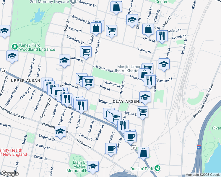 map of restaurants, bars, coffee shops, grocery stores, and more near 34 Guilford Street in Hartford