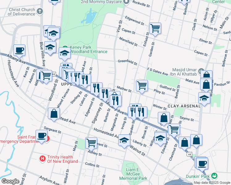 map of restaurants, bars, coffee shops, grocery stores, and more near 56 Vine Street in Hartford