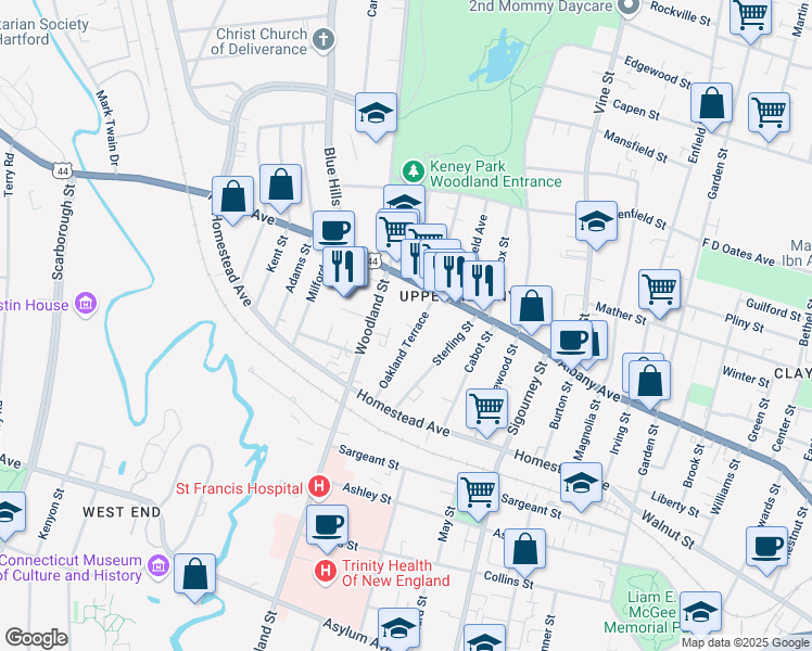 map of restaurants, bars, coffee shops, grocery stores, and more near 418 Woodland Street in Hartford
