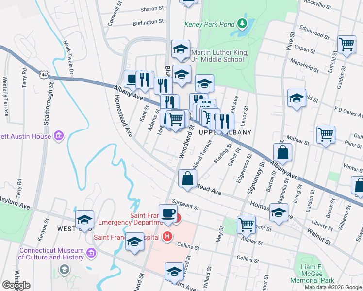 map of restaurants, bars, coffee shops, grocery stores, and more near 1291 Albany Avenue in Hartford