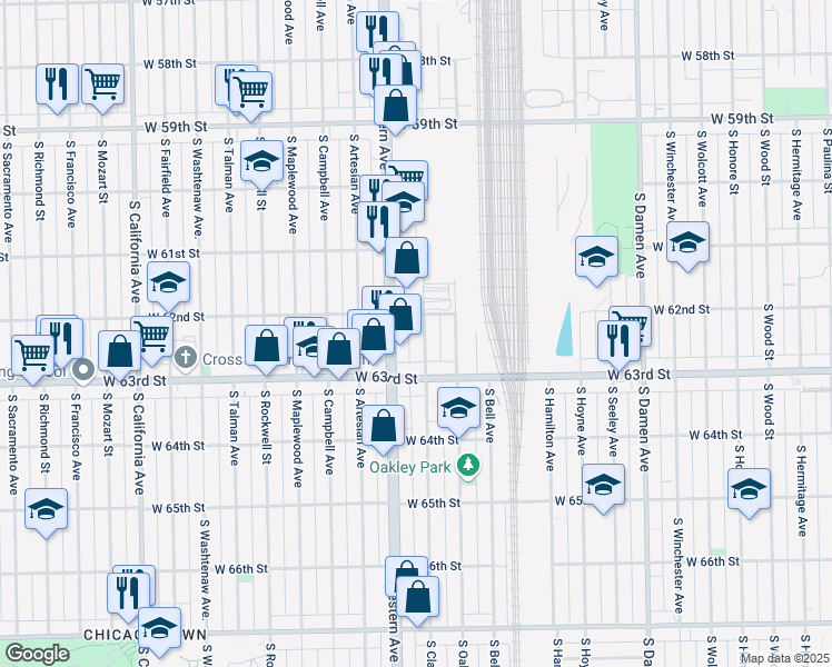 map of restaurants, bars, coffee shops, grocery stores, and more near 6200 South Claremont Avenue in Chicago