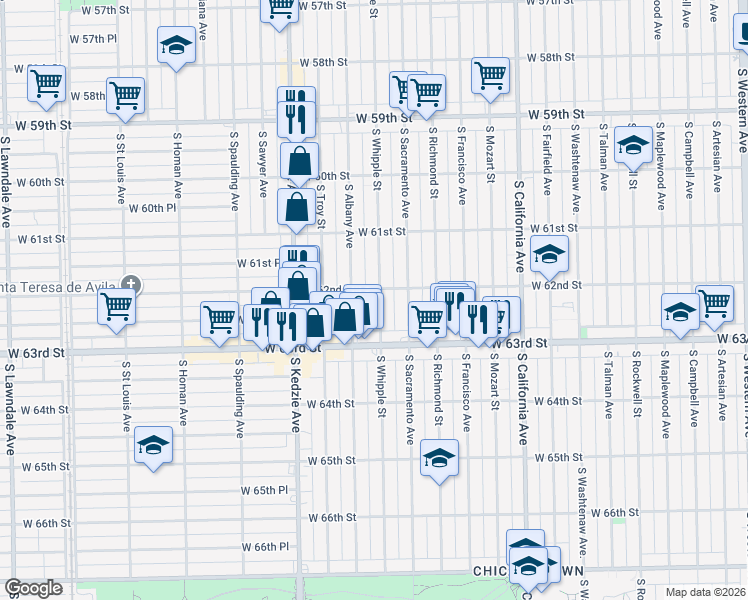 map of restaurants, bars, coffee shops, grocery stores, and more near 6159 South Albany Avenue in Chicago