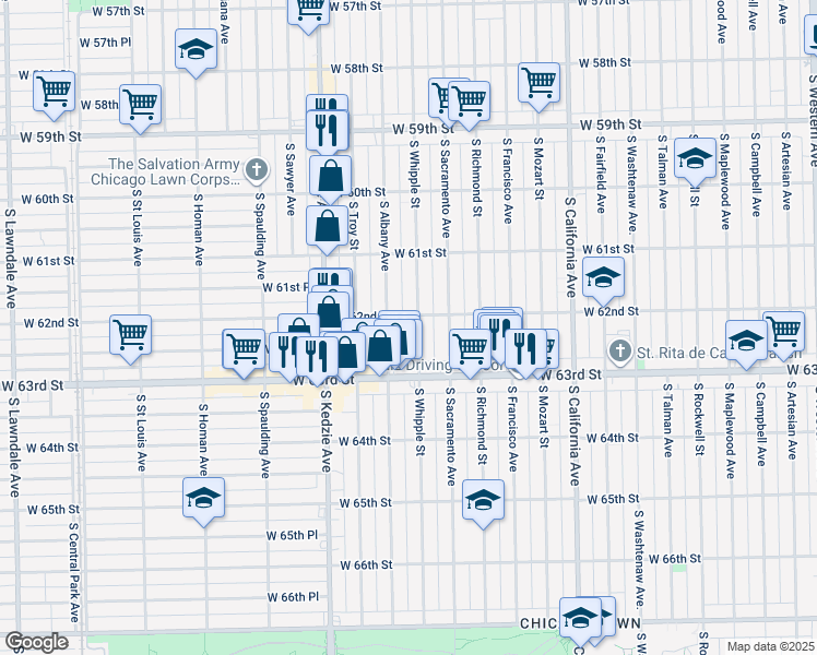 map of restaurants, bars, coffee shops, grocery stores, and more near 6159 South Albany Avenue in Chicago