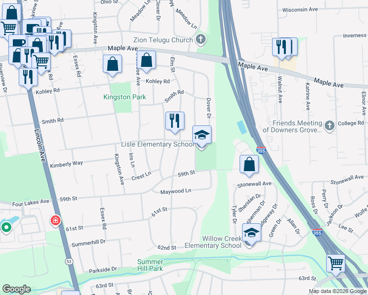 map of restaurants, bars, coffee shops, grocery stores, and more near in DuPage County