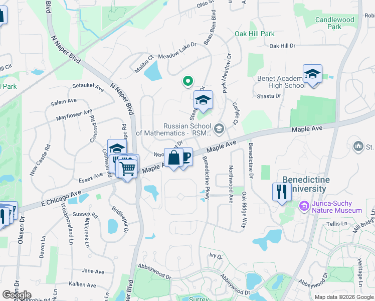 map of restaurants, bars, coffee shops, grocery stores, and more near 65640 Avon Court in Naperville