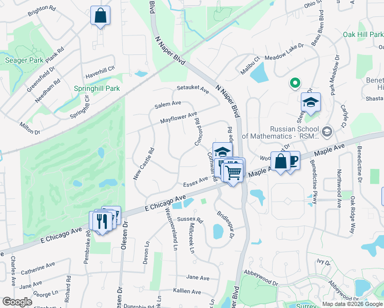 map of restaurants, bars, coffee shops, grocery stores, and more near 6S238 Concord Road in Naperville