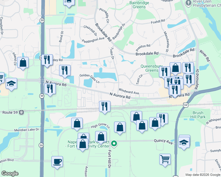 map of restaurants, bars, coffee shops, grocery stores, and more near 627 Lakeridge Court in Naperville