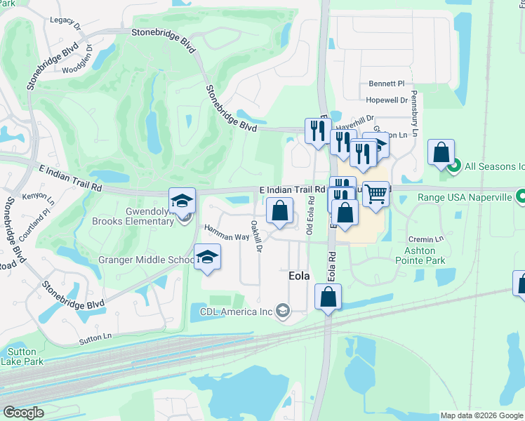 map of restaurants, bars, coffee shops, grocery stores, and more near 1184 Pensacola Court in Aurora