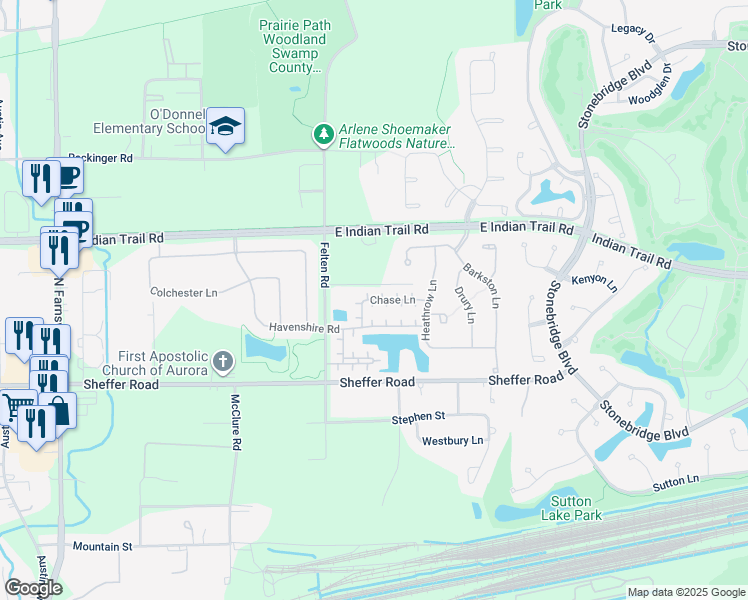 map of restaurants, bars, coffee shops, grocery stores, and more near 1860 Chase Lane in Aurora