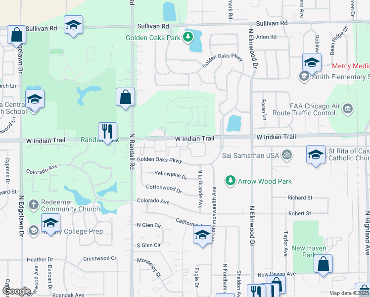 map of restaurants, bars, coffee shops, grocery stores, and more near 1270 West Indian Trail in Aurora