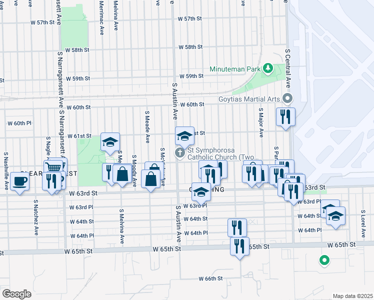 map of restaurants, bars, coffee shops, grocery stores, and more near 6111 South Austin Avenue in Chicago