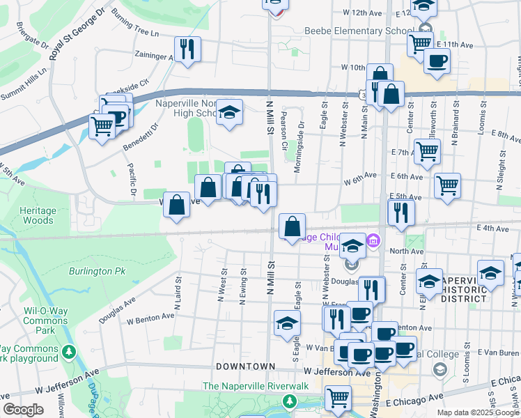 map of restaurants, bars, coffee shops, grocery stores, and more near 450-524 West 5th Avenue in Naperville