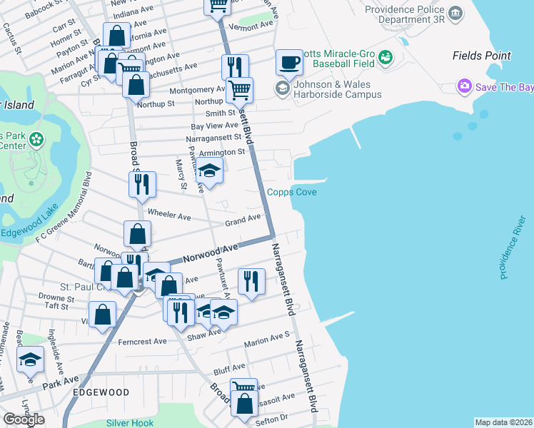 map of restaurants, bars, coffee shops, grocery stores, and more near 7 Grand Avenue in Providence