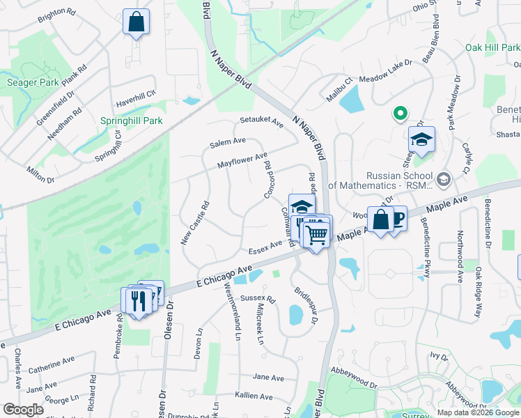 map of restaurants, bars, coffee shops, grocery stores, and more near 6S238 Concord Road in Naperville