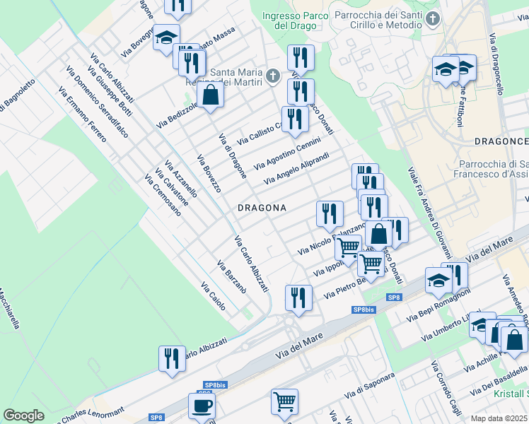 map of restaurants, bars, coffee shops, grocery stores, and more near in Metropolitan City of Rome Capital