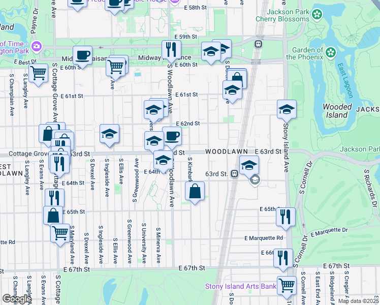 map of restaurants, bars, coffee shops, grocery stores, and more near E 63rd St & S Kimbark Ave in Chicago