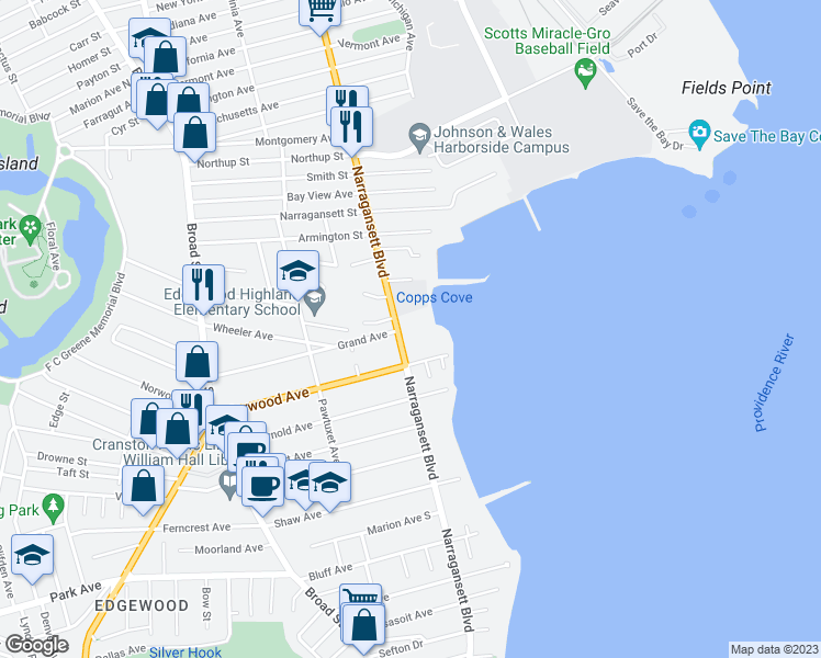 map of restaurants, bars, coffee shops, grocery stores, and more near 1180 Narragansett Boulevard in Cranston