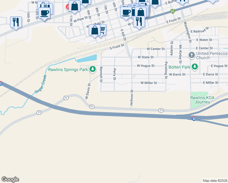 map of restaurants, bars, coffee shops, grocery stores, and more near 798 Perry St in Rawlins